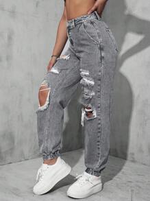 Ripped Jogger Jeans - Grey - View 5
