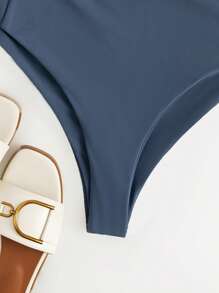 SHEIN Swim Bộ Bikini Một Nút Thắt Phía Trước Đi Biển Mùa Hè - Màu xanh hải quân - Xem 3