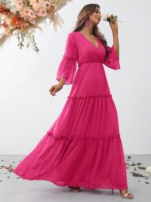 圓點交疊領荷葉袖荷葉邊洋裝 - 玫紅色 - 查看 6