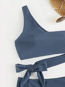 SHEIN Swim Bộ Bikini Một Nút Thắt Phía Trước Đi Biển Mùa Hè - Màu xanh hải quân - Xem 4