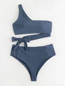 SHEIN Swim Bộ Bikini Một Nút Thắt Phía Trước Đi Biển Mùa Hè - Màu xanh hải quân - Xem 5