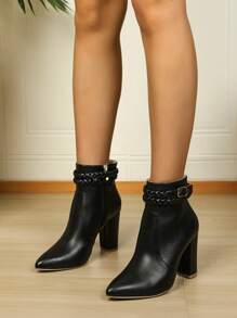 女士優雅素色經典靴帶編織帶扣飾和側拉鍊裝飾用品,黑色 - 黑色 - 查看 3