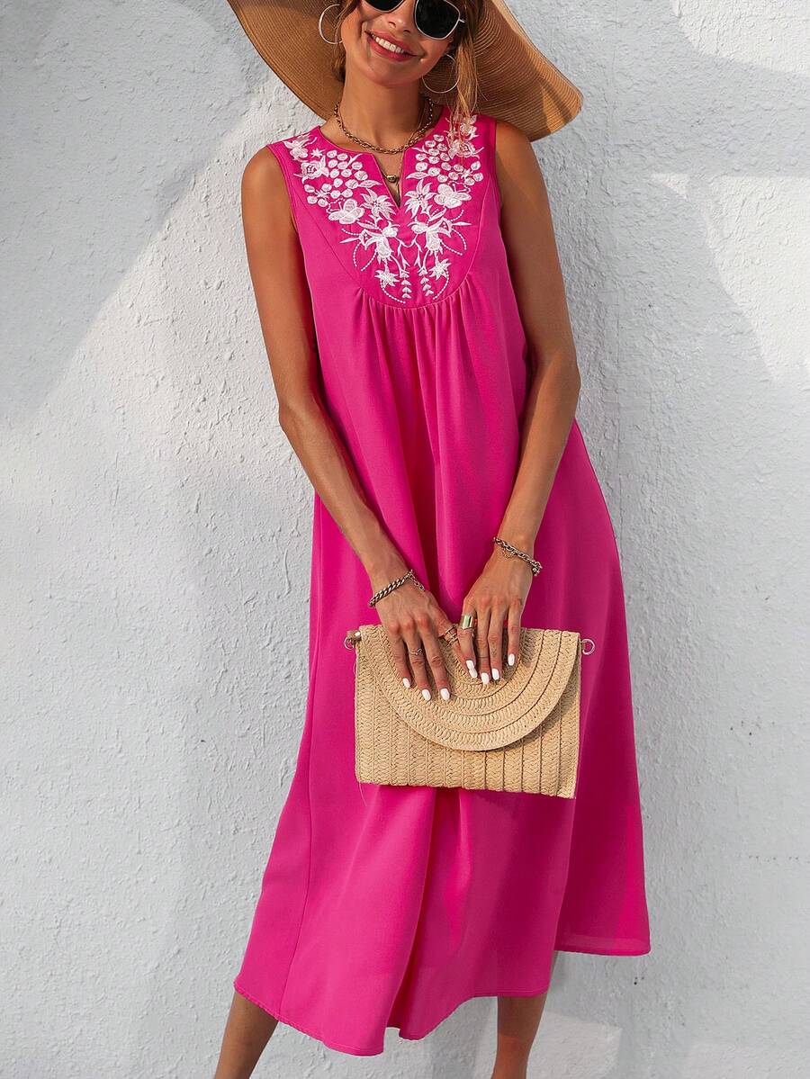 SHEIN VCAY Floral Embroidery Notched Neckline Dress - Hot Pink - View 1