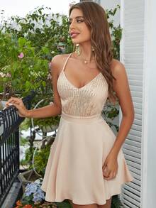 D&M Đầm dự tiệc chắp vá Sequin A Hem Cross Cami Backless Prom Party Dress - Màu be - Xem 3