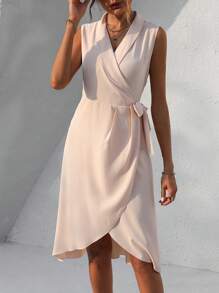 SHEIN Clasi Solid Knot Side Wrap Dress Maxi Women Outfit - Apricot - View 5