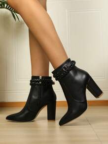 女士優雅素色經典靴帶編織帶扣飾和側拉鍊裝飾用品,黑色 - 黑色 - 查看 5