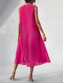 SHEIN VCAY Floral Embroidery Notched Neckline Dress - Hot Pink - View 2