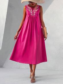 SHEIN VCAY Floral Embroidery Notched Neckline Dress - Hot Pink - View 4