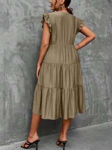 Breezaya Vestido smock de manga mariposa bajo con fruncido - Caqui - Ver 2