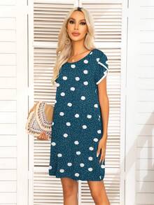 DEARCASE 波點圖案花瓣袖洋裝 - 水鴨藍 - 查看 3