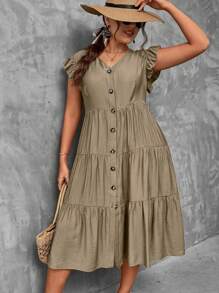 Breezaya Vestido smock de manga mariposa bajo con fruncido - Caqui - Ver 3