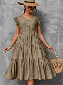 Breezaya Vestido smock de manga mariposa bajo con fruncido - Caqui - Ver 4