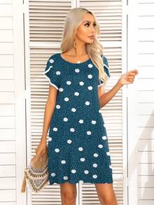 DEARCASE 波點圖案花瓣袖洋裝 - 水鴨藍 - 查看 4