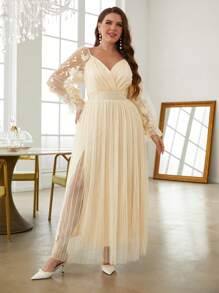 Simplee 大碼貼花細節燈籠袖高開叉網紗洋裝 - 杏色 - 查看 1