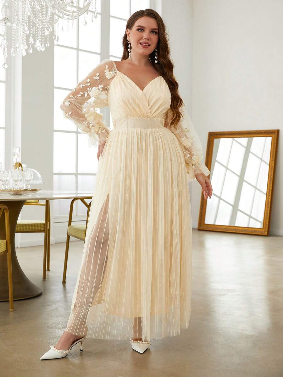 Simplee 大碼貼花細節燈籠袖高開叉網紗洋裝 - 杏色 - 查看 1