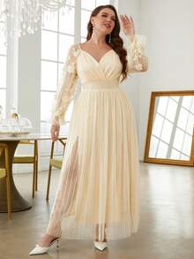 Simplee 大碼貼花細節燈籠袖高開叉網紗洋裝 - 杏色 - 查看 5