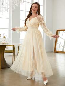 Simplee 大碼貼花細節燈籠袖高開叉網紗洋裝 - 杏色 - 查看 6