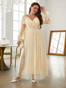 Simplee 大碼貼花細節燈籠袖高開叉網紗洋裝 - 杏色 - 查看 7