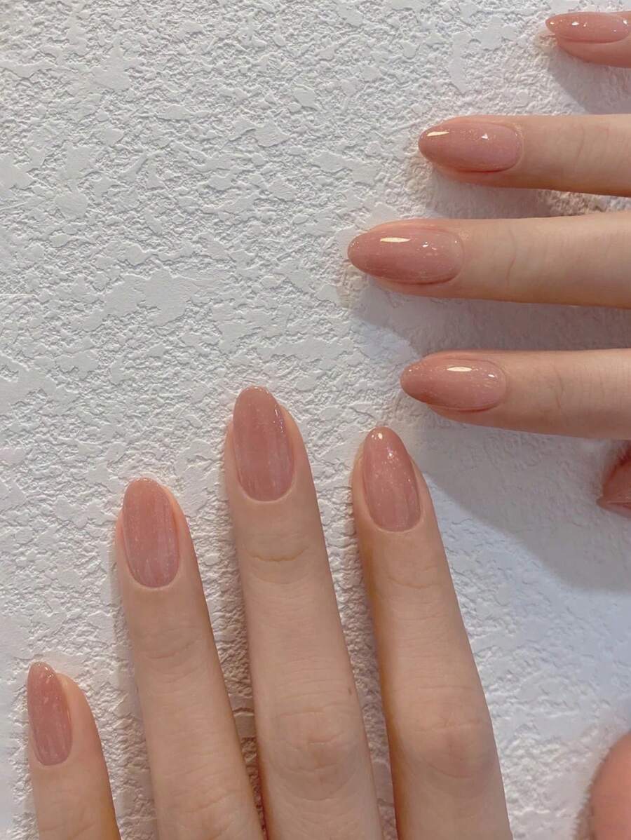 24 片长杏仁色实心假指甲、1 片胶带和 1 个指甲锉按压式指甲美甲用品 - 珊瑚粉 - 查看 1