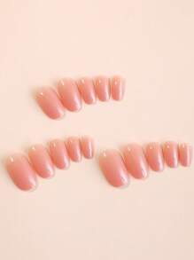 24 片长杏仁色实心假指甲、1 片胶带和 1 个指甲锉按压式指甲美甲用品 - 珊瑚粉 - 查看 2