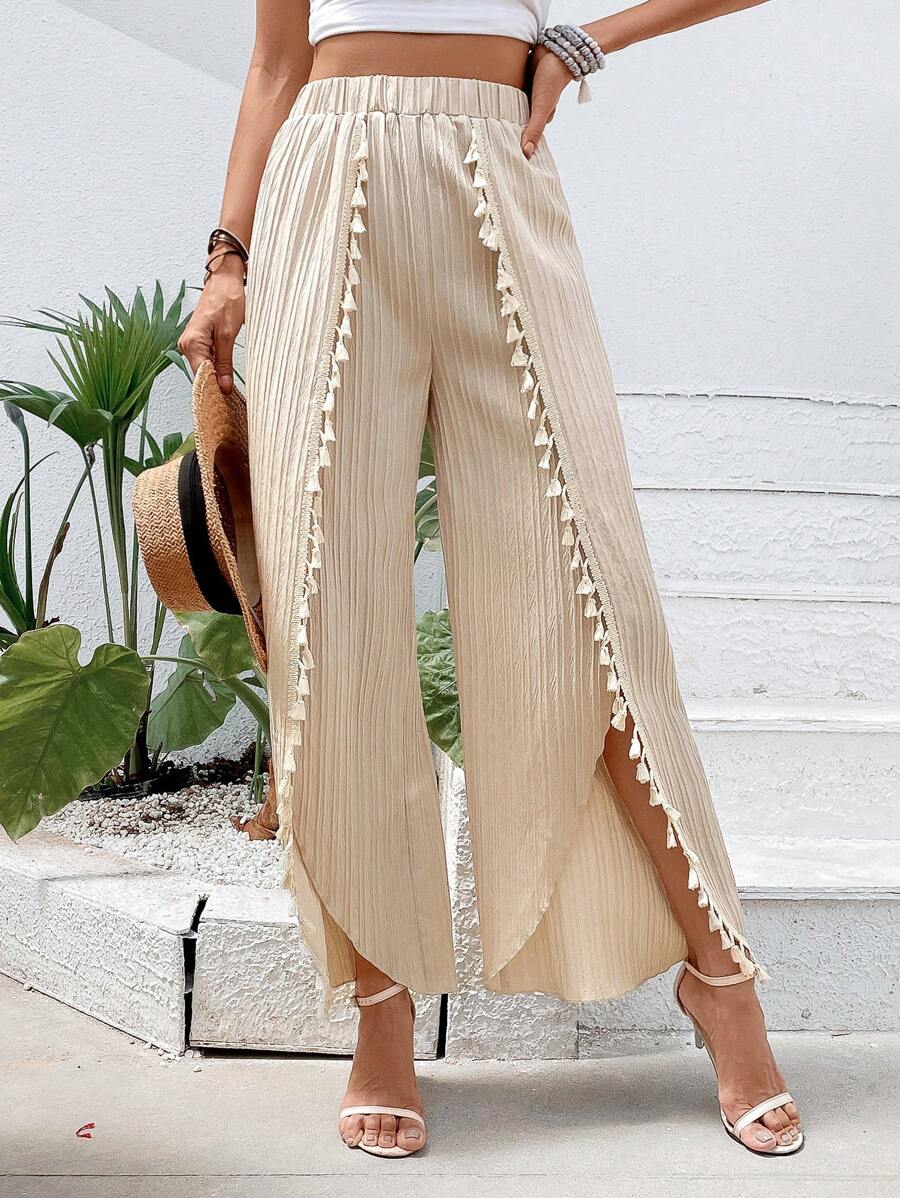 Breezaya Quần nữ POM Pom Trọn gói màu trơn Boho - Màu be - Xem 1