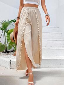 Breezaya Quần nữ POM Pom Trọn gói màu trơn Boho - Màu be - Xem 4