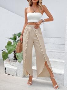 Breezaya Quần nữ POM Pom Trọn gói màu trơn Boho - Màu be - Xem 6