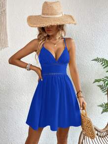 SHEIN VCAY Vestido de tirantes con encaje en contraste - azul real - Ver 3