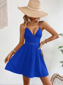 SHEIN VCAY Vestido de tirantes con encaje en contraste - azul real - Ver 4