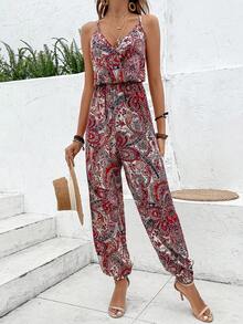 SHEIN VCAY 佩斯利印花吊帶連體褲不附腰帶 - 紅色 - 查看 3