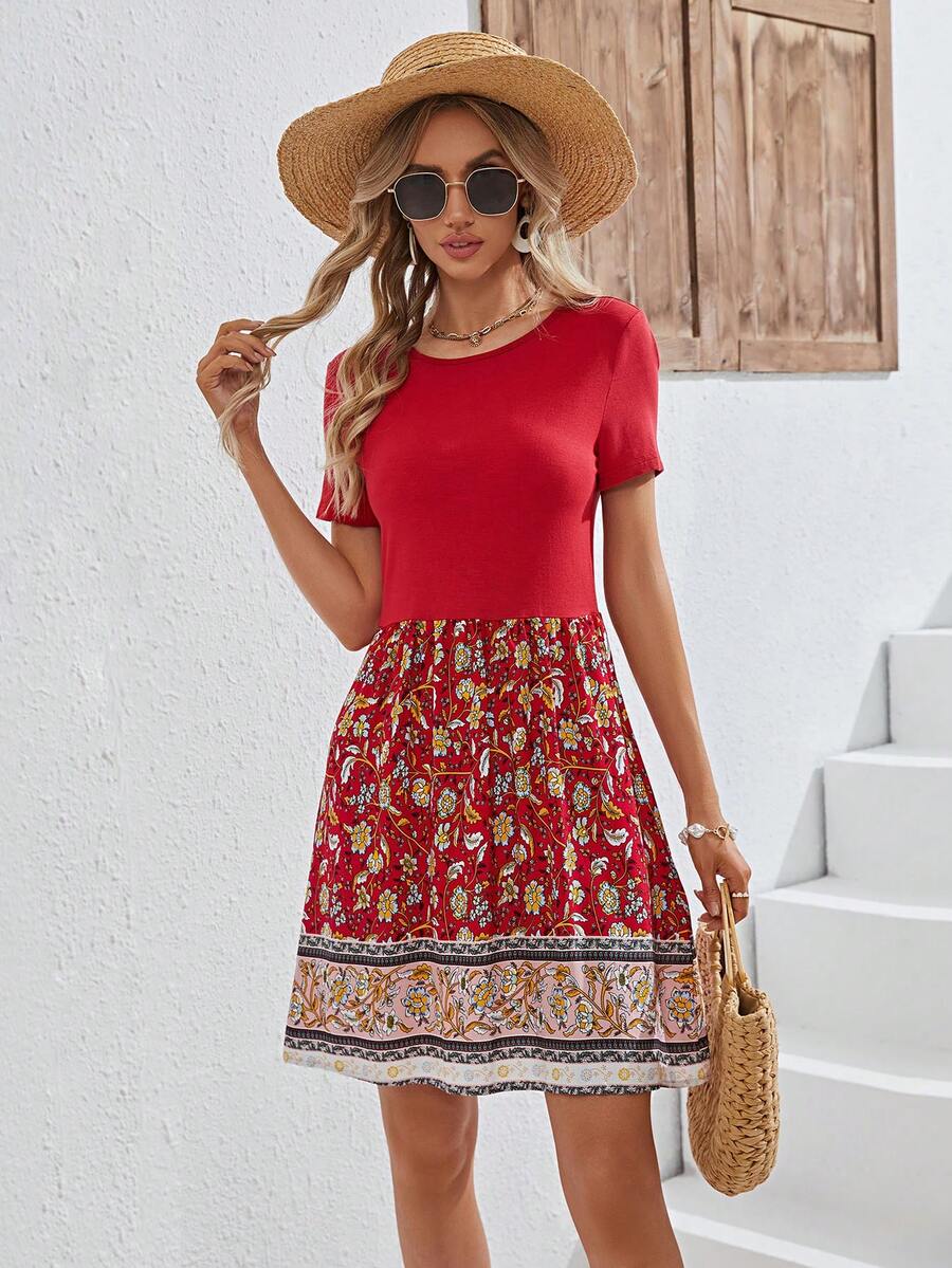 SHEIN VCAY Floral Print A-line Dress - Red - View 1