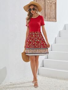 SHEIN VCAY Floral Print A-line Dress - Red - View 3