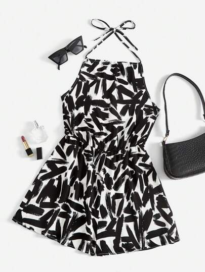 Soleia 滿版印花後綁帶繞頸連體短褲