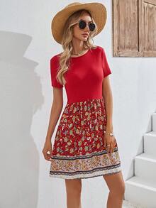 SHEIN VCAY Floral Print A-line Dress - Red - View 5