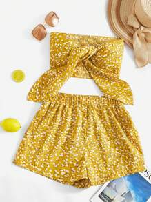 Soleia Ditsy Floral Print Knot Front Tube Top & Shorts - Mustard Yellow - View 1