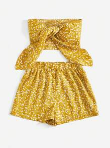 Soleia Ditsy Floral Print Knot Front Tube Top & Shorts - Mustard Yellow - View 4