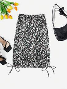Soleia Ditsy Floral Drawstring Side Ruched Detail Skirt - Black - View 1