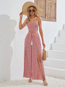 SHEIN VCAY Bộ đồ hai mảnh nữ Tua Tách cao Dải chun Họa tiết hoa Boho - Đỏ - Xem 4