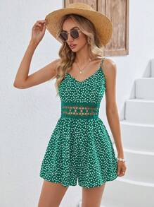 SHEIN VCAY Ditsy Floral Print Guipure Lace Insert Cami Romper - Green - View 1