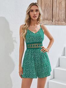 SHEIN VCAY Ditsy Floral Print Guipure Lace Insert Cami Romper - Green - View 5