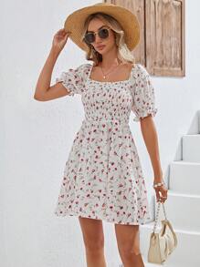 SHEIN VCAY Đầm viền lá sen Dải chun Họa tiết hoa Boho - trắng - Xem 3
