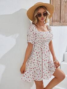 SHEIN VCAY Đầm viền lá sen Dải chun Họa tiết hoa Boho - trắng - Xem 4