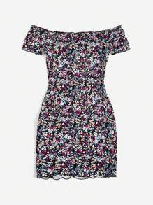Soleia Ditsy Floral Print Off Shoulder Lettuce Trim Bodycon Dress - Multicolor - View 2