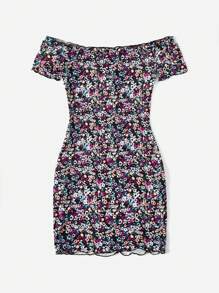Soleia Ditsy Floral Print Off Shoulder Lettuce Trim Bodycon Dress - Multicolor - View 4