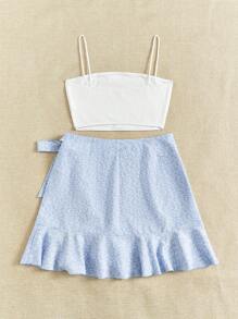 Soleia 波西米亞揉皺 荷葉邊 交叉 拉鍊 羅紋針織 前綁帶蝴蝶結植物 全身印花女士兩件套 - 淺藍色 - 查看 2