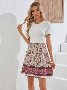 SHEIN VCAY 波西米亞花卉印花女士連衣裙 - 白色 - 查看 4