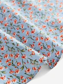 SHEIN VCAY Vestido con estampado floral de manga farol con cordón delantero - Celeste - Ver 4