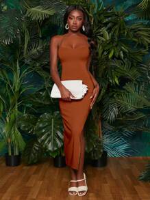 SHEINNeu Lace Up Backless Split Thigh Cami Bodycon Dress - Rust Brown - View 7