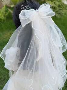 Kẹp tóc nơ trang trí lưới cho bé gái - trắng - Xem 2