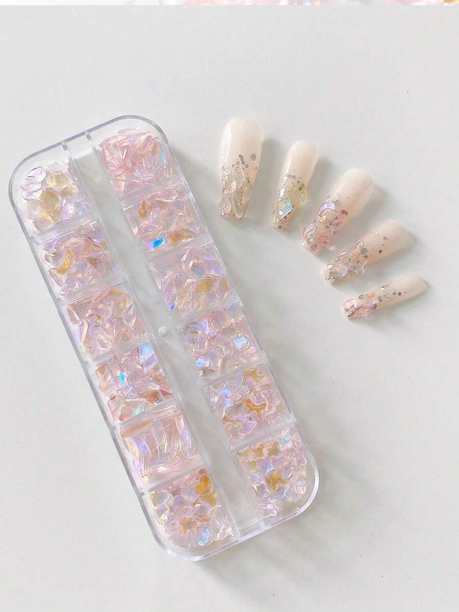 Shattered Glass Rhinestone Nail Art Decoration, 1Box Mixed Shape Aurora Nail Crystals Rhinestones Iridescent Gemstones For Nail Design Diy Crafts Nail Charms Nail Supplies Nails - Baby Pink - View 1